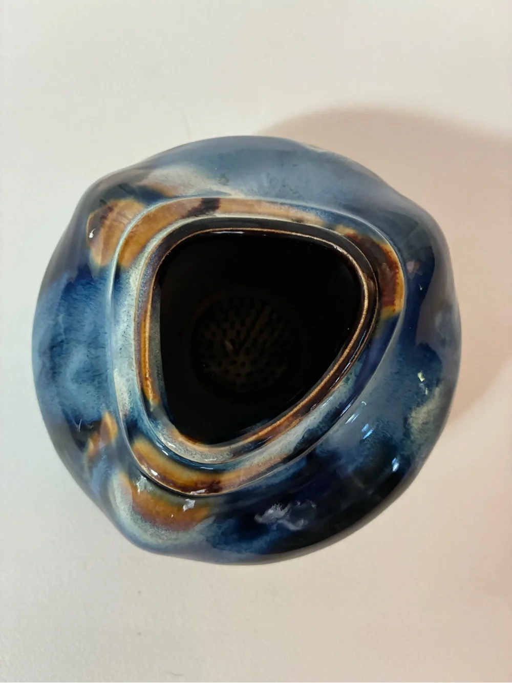 Vintage Studio Pottery Flower Frog Ikebana Vase Blue Drip Glaze Artist Signed